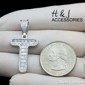 MEN WOMEN 925 STERLING SILVER ICY BAGUETTE CZ 3D INITIAL LETTER "T" PENDANT*A412 - Picture 1 of 4