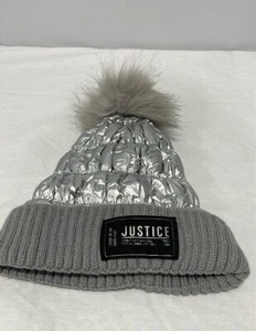Girl’s Justice Beanie hat metallic silver gray with Pom Pom - Picture 1 of 11