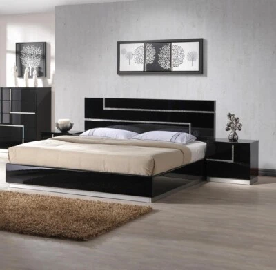 3PC Cal King Bedroom Set, Platform Bed, Nightstand & Chest, Black Lacquer Finish - Image 1 of 4