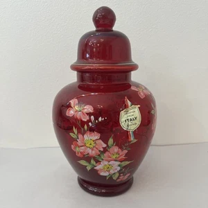 Vintage Italian Art GlassHand Painted Enameled Ruby Glass Ginger Jar Decor  11” - Picture 1 of 5