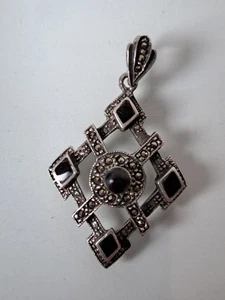 bellissimo, antico ciondolo a catena, argento 925 con onice e marcasite, ciondolo 4 cm - Foto 1 di 5