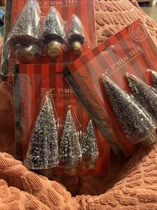 Vintage Green Bottle Brush Trees, White Flocked 3” 4” 5” Wood Base Set Of 9 - Picture 1 of 5