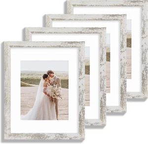 11X14 Picture Frame Set of 4, Made of Glass and Distressed White Wooden Frame, D - Picture 1 of 6