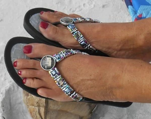 GRANDCO SANDALS JAGUAR WEDGE V-THONG MULTI-COLOR GEMSTONES DRESSY WEDGE HEEL - Picture 1 of 3