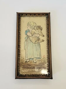 Antique Miniature Dollhouse Brass Frame W Print Of Child & Dog mignonette size - Picture 1 of 6