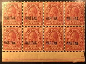 TURKS and CAICOS Block Of 8 KGV War Tax "Double Ovpt" NH - Picture 1 of 1