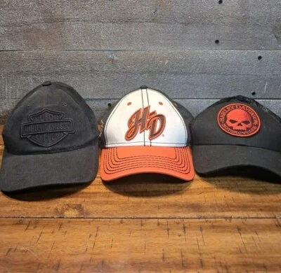 Adjustable Harley-Davidson Orange Skull Trucker Cap + 2 Other Harley Hats  - Image 1 of 4