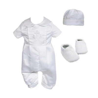CINDA Baby Jungen weiß Satin Taufanzug Strampler Set Mütze Schuhe 0 3 6 9 12 Monate