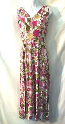 Maxi Vestido Largo Sin Mangas Vintage Años 70 Rosa Estampado Floral Marfil Mezcla Lino Pequeño Foto 1 de 4