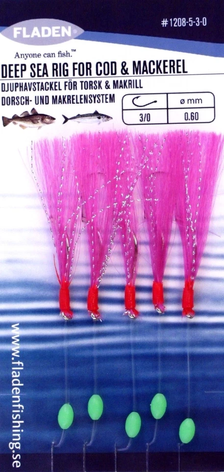 5 Fladen Pink Feathers Lures Mackerel Cod Sea Fishing Beach Pier Boat 3/0 Foto 1 de 1