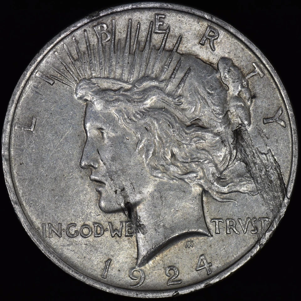 1924 DÓLAR DA PAZ ✪ ENORME CASCA DE LAMINAÇÃO ✪ ERRO DE MOEDA DE PRATA AU ◢CONFIÁVEL◣ - Imagem 1 de 2