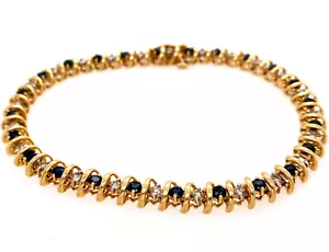 "Brazalete tenis vintage de diamantes y zafiro de 1,70 quilates de oro amarillo de 14 k de la década de 1980 7,25""" - Imagen 1 de 5
