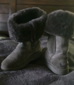 UGG KARA 1013429 TALL SLIM Gray Suede Shearling Fur WEDGE Boots Winter Size 5 - Picture 1 of 10