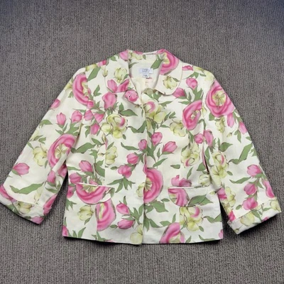 Ann Taylor Loft Womens 12 Floral Blazer Jacket 3/4 Sleeve Linen Blend Pink Green - Image 1 of 4