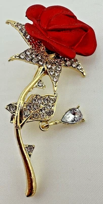 Broche Flor Rosa Roja Tono Dorado Estrás Tallo Colgante Rocío Gota Prendedor Elegante Foto 1 de 4