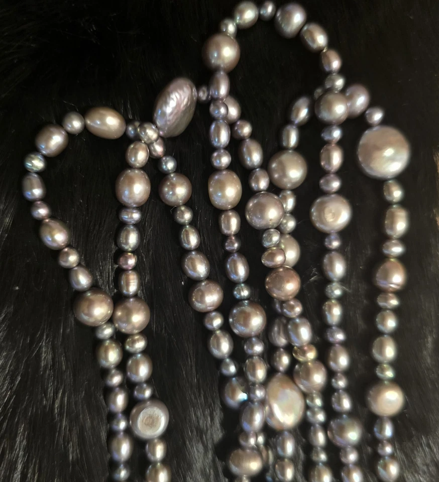 36英寸染色灰色淡水珍珠项链长股巴洛克珍珠银色  — 第 1/4 张图片