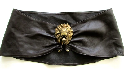 Cinturón Obi Vintage Años 80 Declaración Bronce León Cuero Marrón 29" Foto 1 de 4