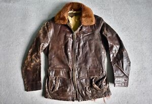 Vtg 40s Distressed Horsehide Leather Sheepskin Half Belt Car Coat Jacket 38/40