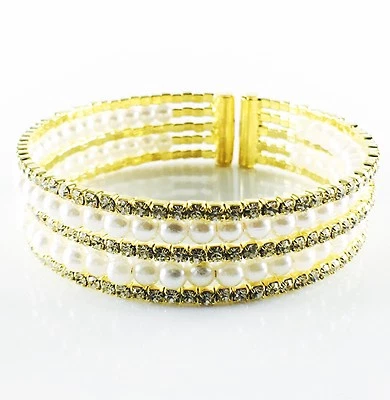 BRAZALETE DE PERLAS CRISTAL ESTRÁS EE. UU. Brazalete Brazalete Boda Encantador Dorado Blanco Foto 1 de 4