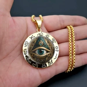 Gothic Mason Golden Round Necklace Jewelry Vintage Look Devils Evil Eye Pendant - Picture 1 of 5