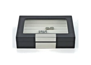 CUFFLINK RING BOX STORAGE CASE BLACK OAK 20 PAIRS WOOD METAL GLASS GIFT BOXED - Picture 1 of 5