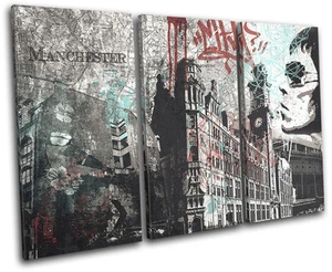 Manchester Abstract Grunge City TREBLE CANVAS WALL ART Picture Print - Picture 1 of 1