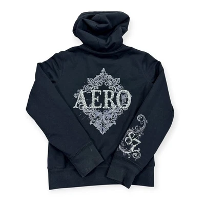 Vintage Aeropostale Hoodie Women's Embelished Y2K Large Black Sherpa Lined Foto 1 de 4