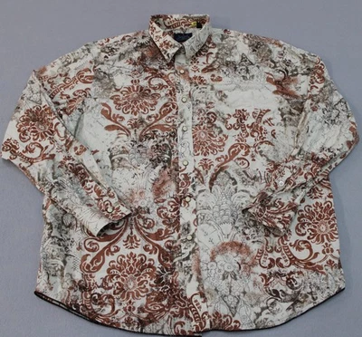 Indigo Palms Shirt Mens 2XL Brown White Floral Paisley Button Up Casual Cotton - Image 1 of 4