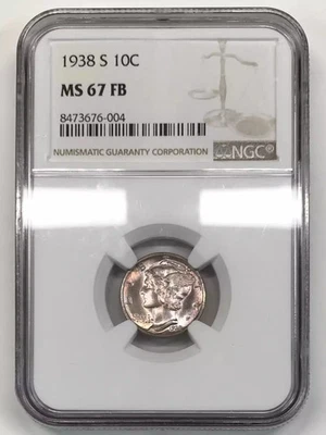 1938 S Mercury Dime NGC MS-67 FB - nice toning - Image 1 of 4