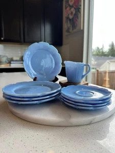Jeannette Cherry Blossom Delphite Blue Plates & Creamer 1930s Depression Glass - Picture 1 of 3