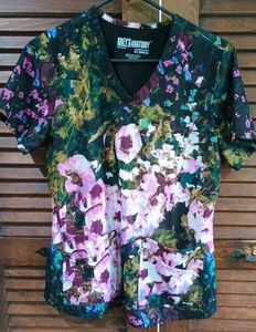 Grey’s Anatomy Barco Women's Size Small V Neck Scrub Top Pink Green Blk Floral - Picture 1 of 7
