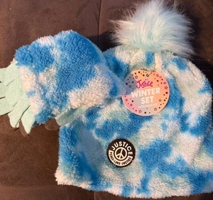 ¡NUEVO! Conjunto de gorro/guantes Justice Girls azul tie dye piel sintética pompón - Imagen 1 de 4