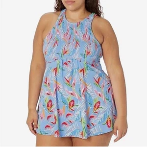 Fit 4 U Womens Swim Dress Blue Floral Size 16 Hi Neck Smocked Babydoll New - Picture 1 of 9