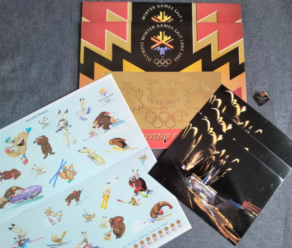 2002 Salt Lake Olympic Souvenirs Lot -  Calendars, CBC Pin, Stickers, Post Cards - Image 1 of 4