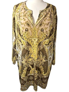 SUSAN GRAVER 3X Liquid Knit Long Tunic Top Blouse Yellow Tan Print Notch Neck - Picture 1 of 10