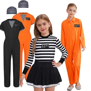 Kids Striped Puffy Dress Jumpsuit Jailbird Prisoner Costume Halloween Parties - Picture 1 of 59