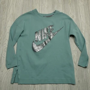 Nike Sweater Womans Medium Green Metallic Silver Logo Knit Sweatshirt Athletic - Picture 1 of 7