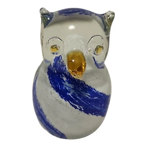 Art Glass Hoot Owl Figurine Paperweight Blue White Swirl Amber Color Eyes Beak - Picture 1 of 6