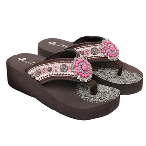 Montana West braune Plateau-Flip-Flops mit rosa Stickerei und rosa Concho neu im Karton - Bild 1 von 5