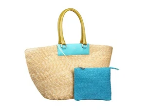 Furla Straw Shopper Tote Wristlet Set Turquoise Pink Clutch Brigitte Large Nwt - Picture 1 of 7