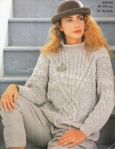 Aran cabled ladies sweater jumper knitting pattern copy 8 ply size 6-16 - Picture 1 of 2