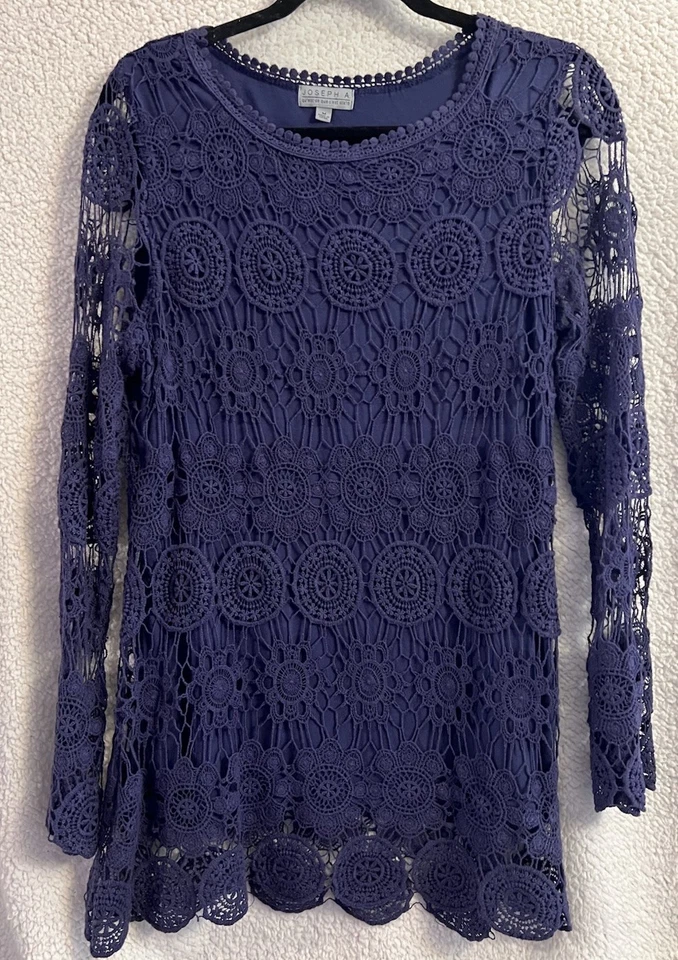 Top túnica mujer Joseph A manga larga ganchillo encaje forrado cuello redondo azul talla M Foto 1 de 4