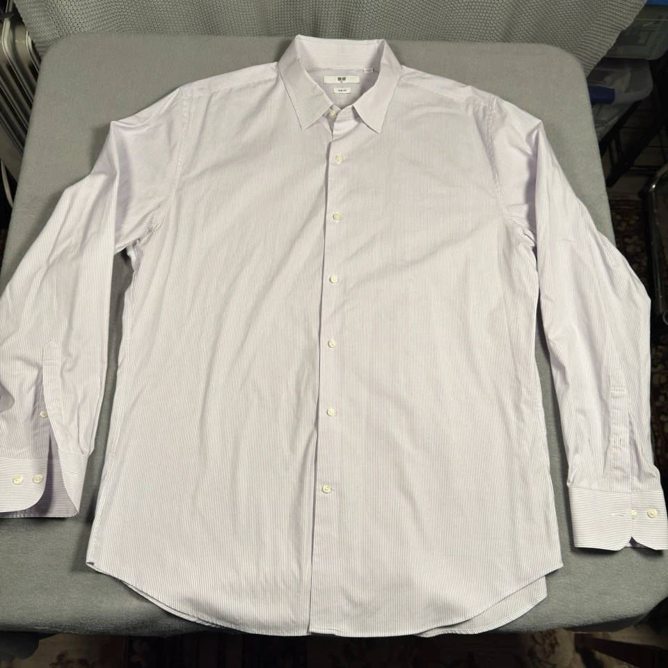 Camisa social masculina Uniqlo XL listra azul slim fit manga longa botão para cima - Imagem 1 de 4