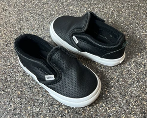 Vans Classic Little Kids Toddler Sz 6 Black Leather Sneaker Shoe Snap On Low Top - Picture 1 of 10
