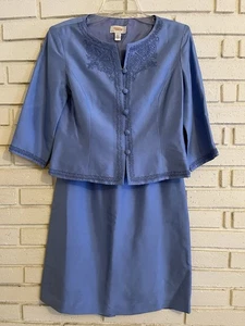 Gonna tuta e blazer Talbots 100% seta blu al ginocchio due pezzi taglia 6 Petite - Foto 1 di 9