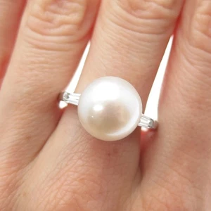 HONORA 925 Sterling Silver Real Pearl & Tapered Baguette-Cut C Z Ring Size 10.5 - Picture 1 of 9