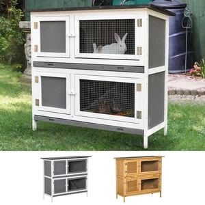 2-Tier Wooden Rabbit Hutch w/ Sliding-out Tray Asphalt Roof Ramp 100x47x91cm - Picture 1 of 23