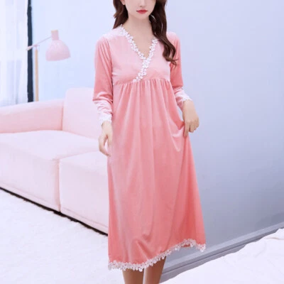 Dama Terciopelo Ropa de Dormir Albornoz Encaje Midi Camisón Princesa Camisón Elegante Foto 1 de 4