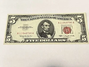1963 $5.00 UNITED STATES NOTE UNCIRCULATED GEM BEAUTIFUL RED SEAL AND SERIALS - Picture 1 of 2