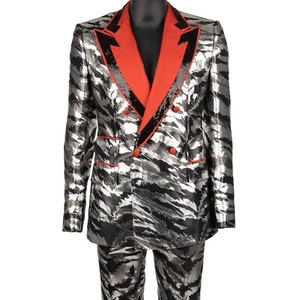 DOLCE & GABBANA Sequin Jacquard Double Breasted Suit Silver Black 50 40 M 12309 - Picture 1 of 8